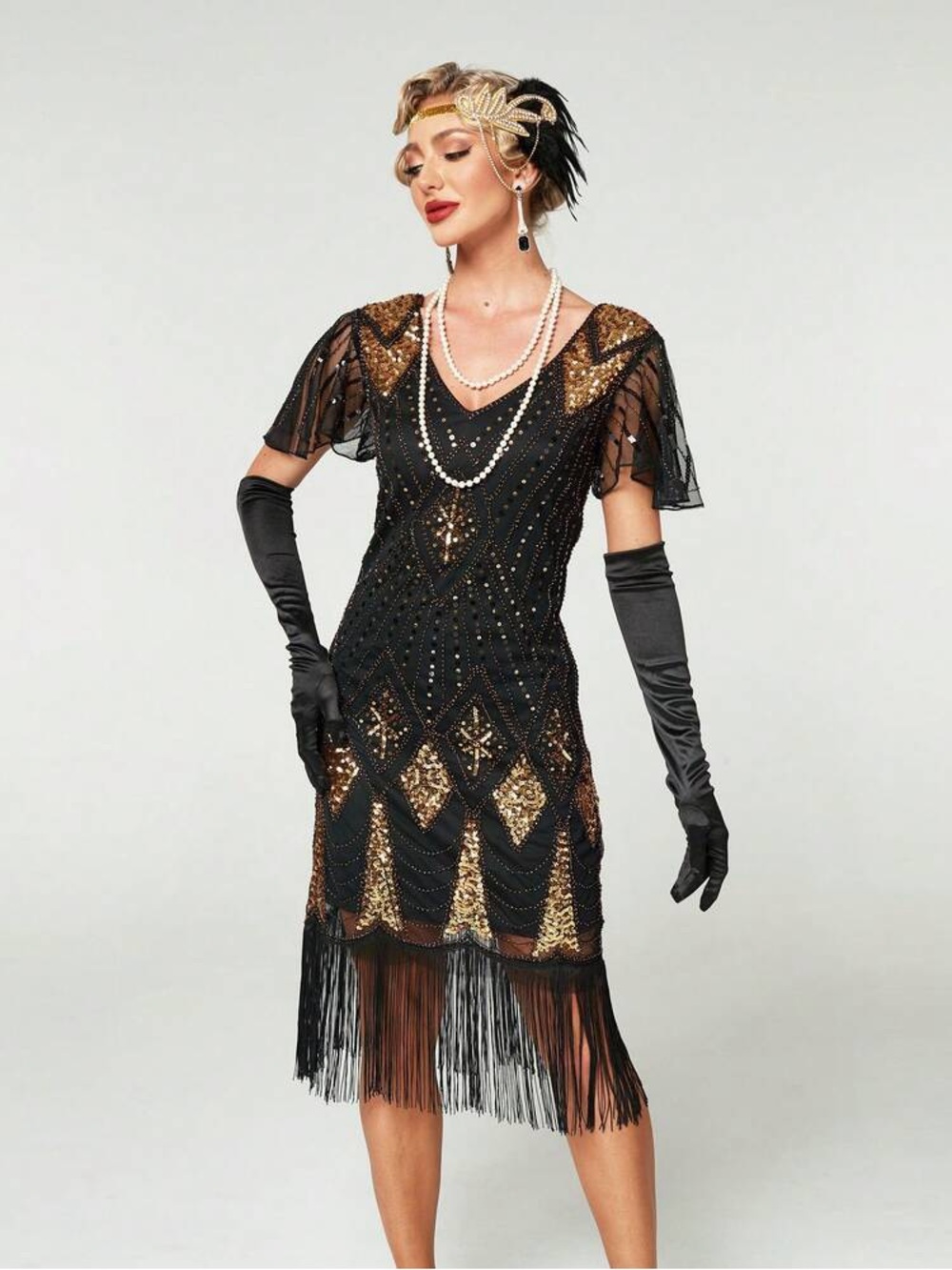 1920s Flapper Costume Dress Black Gold Sequin Fringe Great Gatsby Halloween Sz S